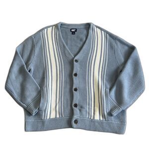 Lands End Cardigan Sweater Mens Large Blue White Vertical Stripe Pockets Cotton